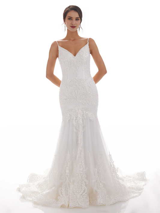 Thin shoulder mermaid ivory mermaid lace wedding dress