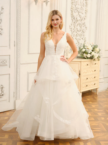 V-neck sleeveless applique long ball gown wedding dress