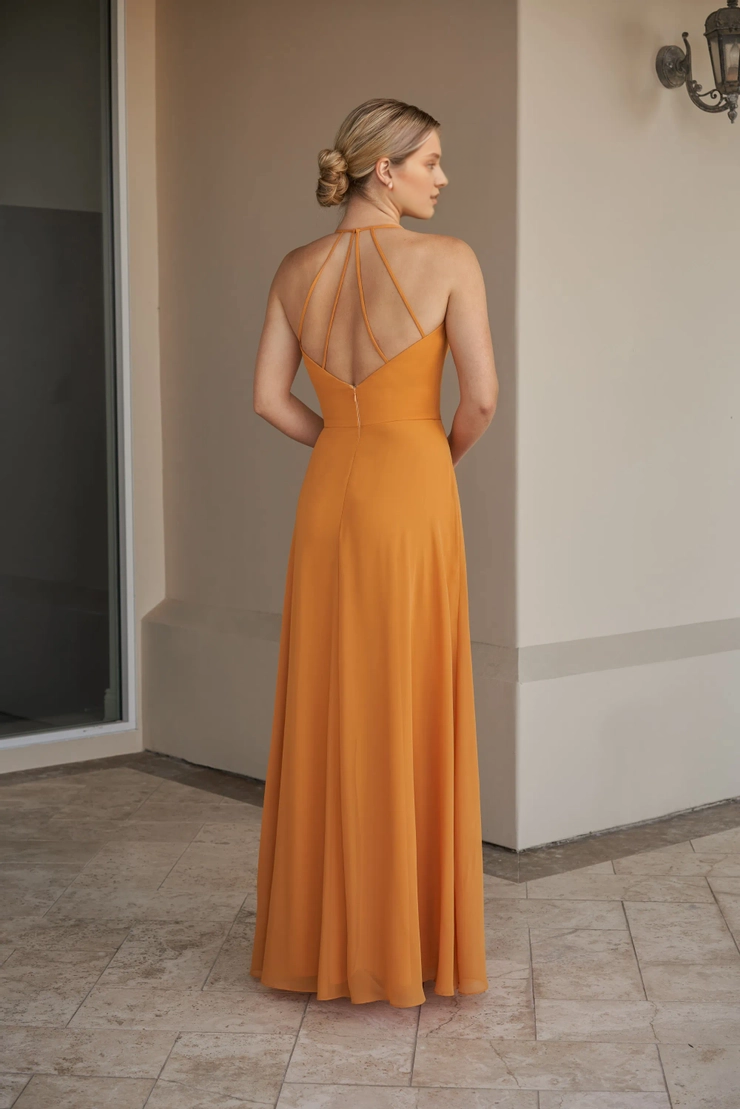 Thin shoulder strap scarf style front neckline V-shaped back bridesmaid dress