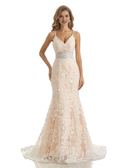 Lace fish tail decal thin shoulder strap V-neck long wedding dress