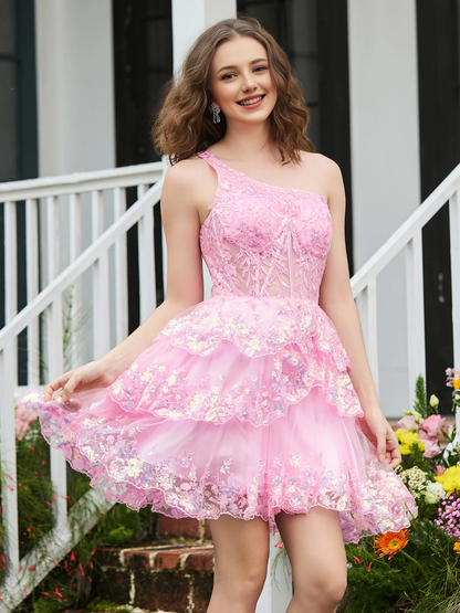 A-line shoulder layered chiffon mini Homecoming dress