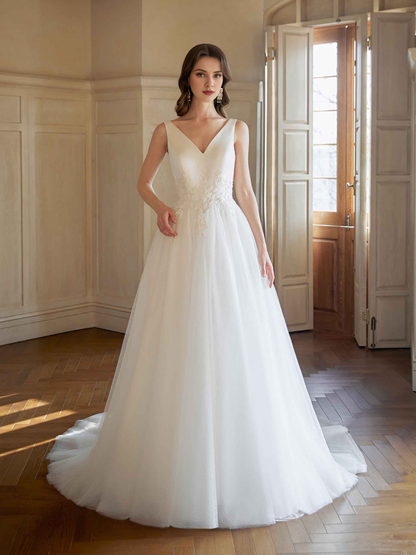 Elegant backless V-neck A-line extra long wedding dress