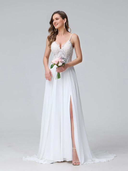 A-line thin shoulder strap V-neck sleeveless long chiffon wedding dress