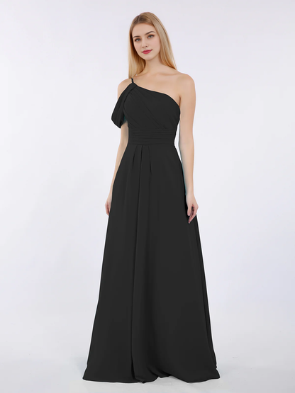 One shoulder chiffon long bridesmaid dress