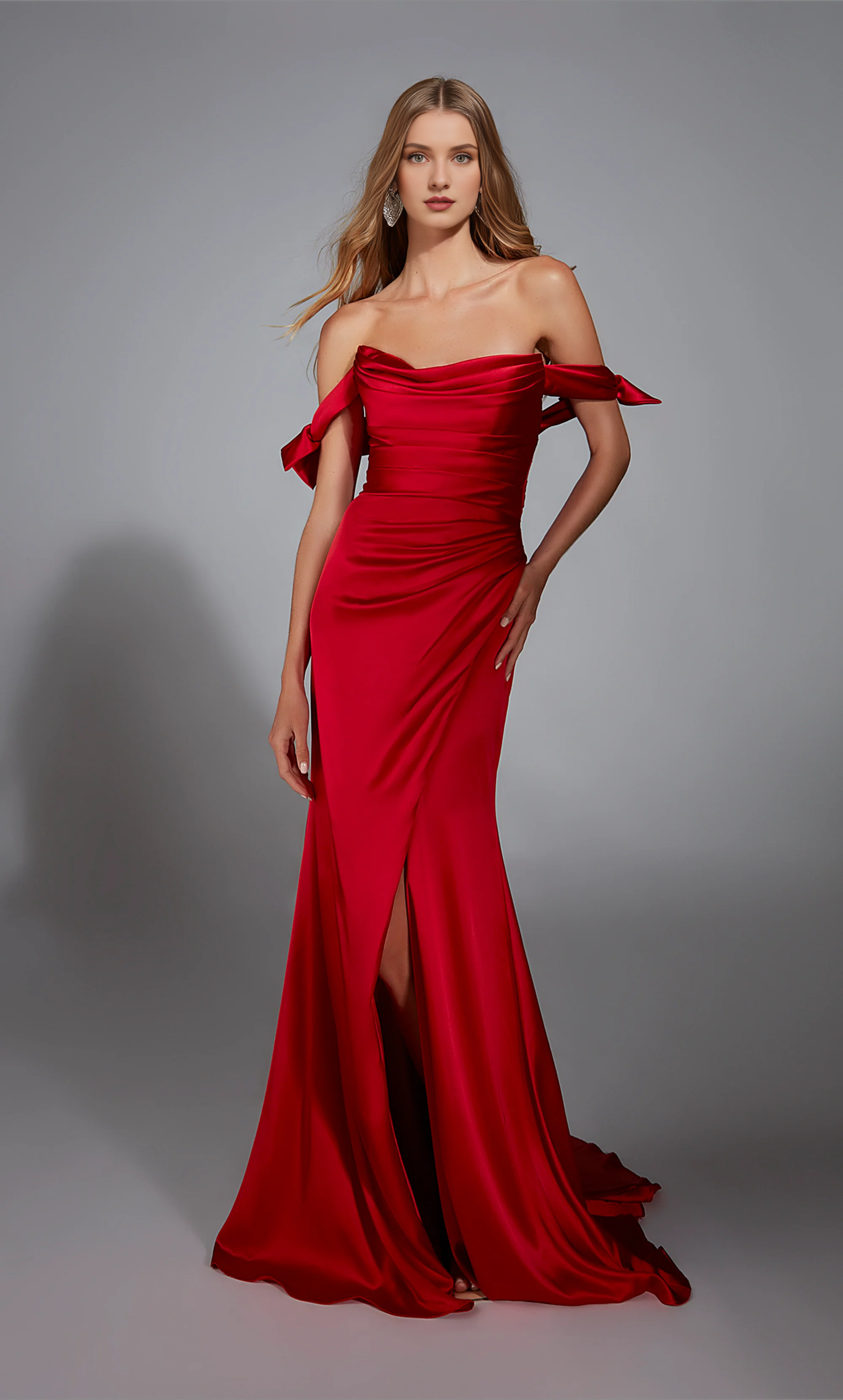 Off shoulder slim fit evening gown with flared slit and hanging long formal dress