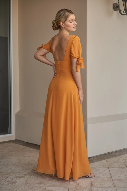 Square neckline chiffon A-line bow front slit bridesmaid dress