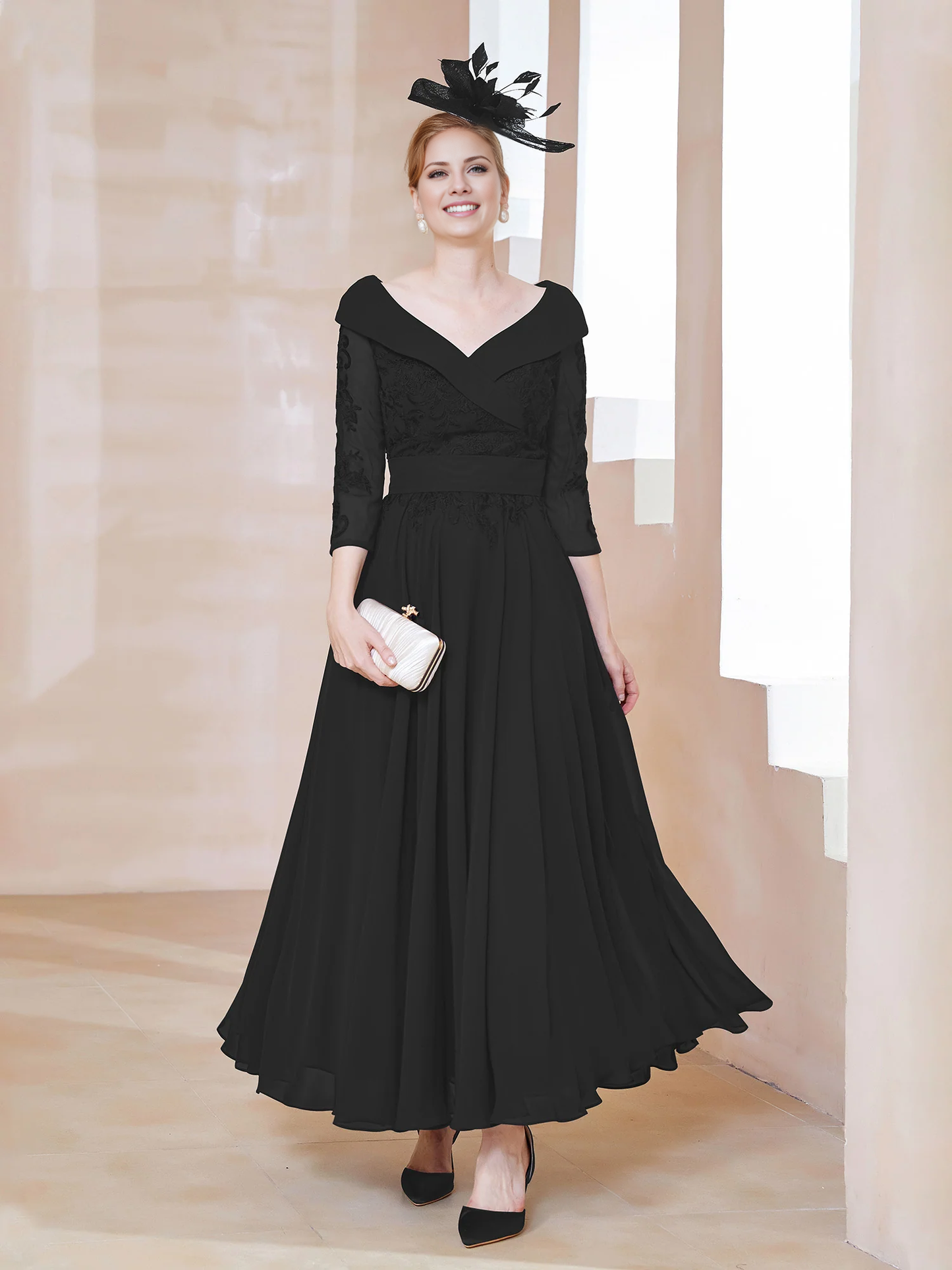 A-shaped V-neck applique chiffon mother of the bride dress