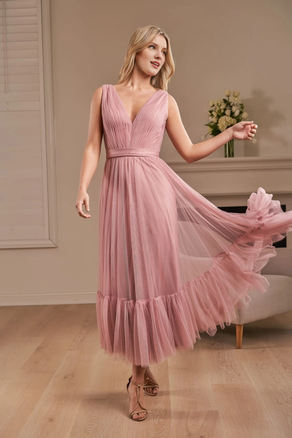 Soft chiffon A-line pleated V-neck ruffled mid length bridesmaid dress