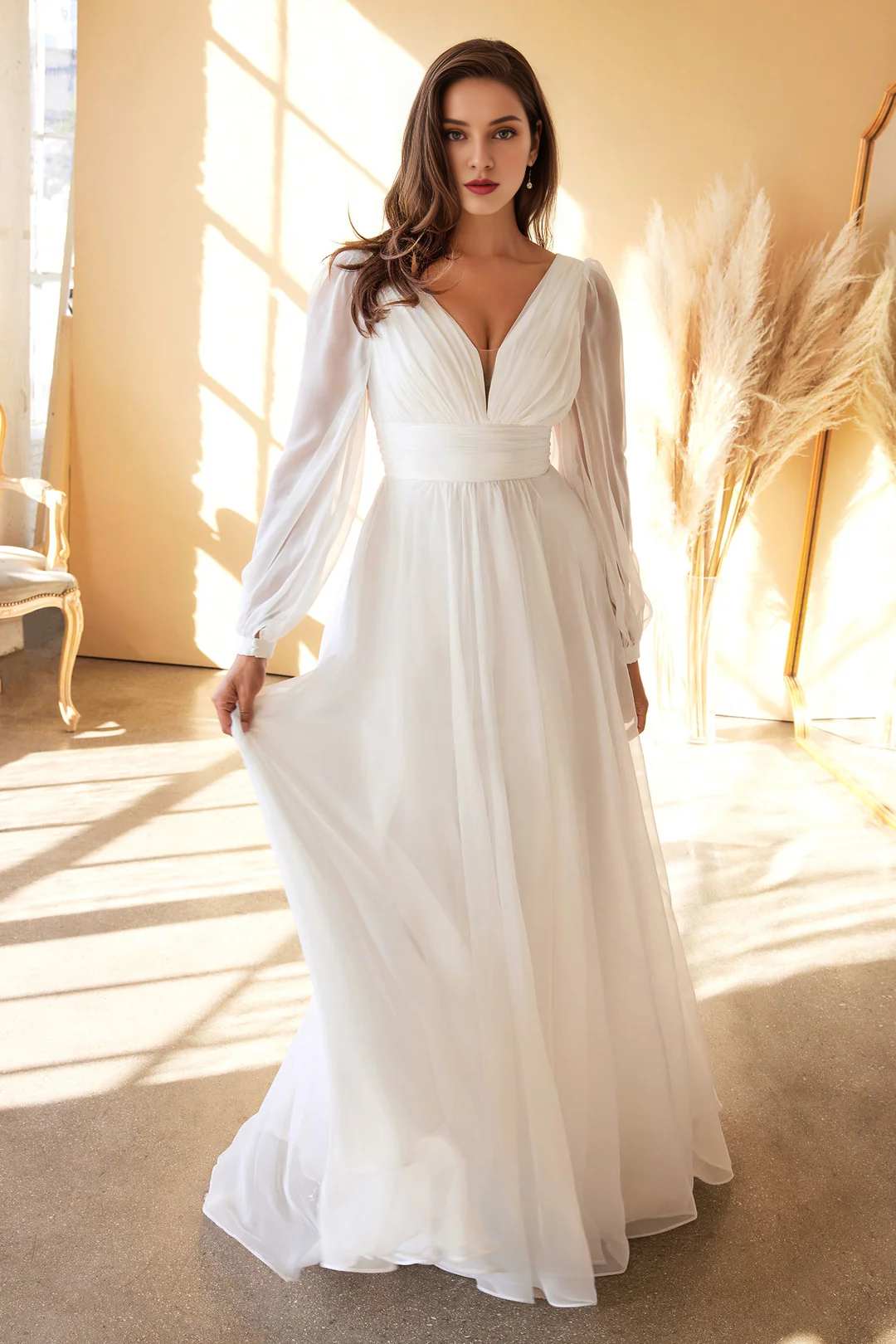 Off white long sleeved chiffon wedding dress