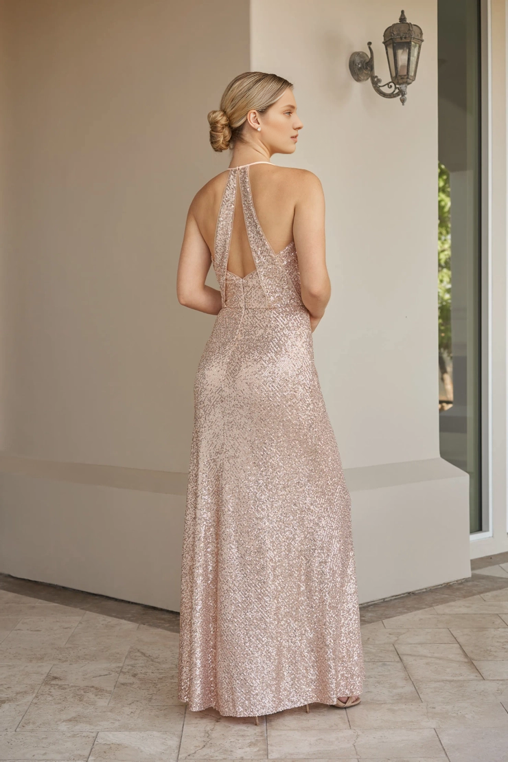 A-line thin shoulder strap scarf sequined neckline keyhole style backless bridesmaid dress