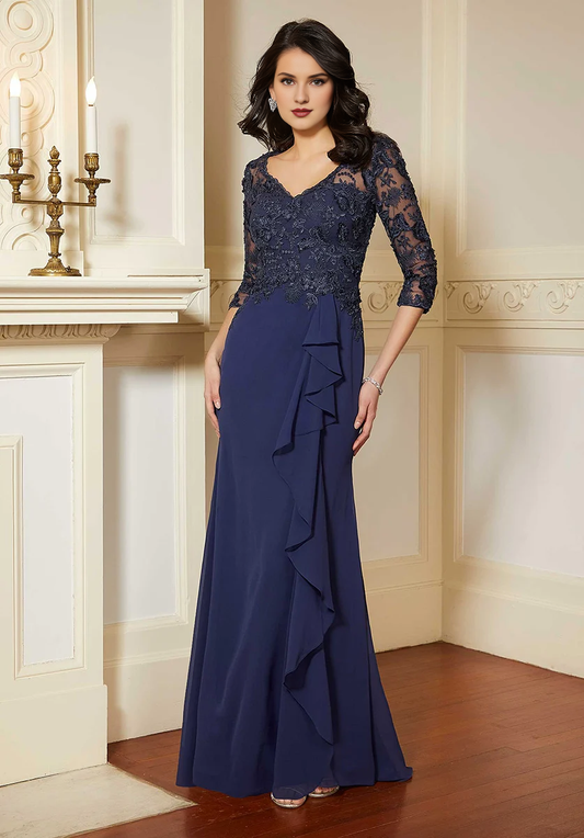 V-neck lace applique chiffon and floor length gown evening dresses