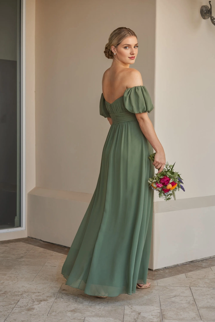 Off shoulder collar chiffon A-line detachable bubble sleeve bridesmaid dress