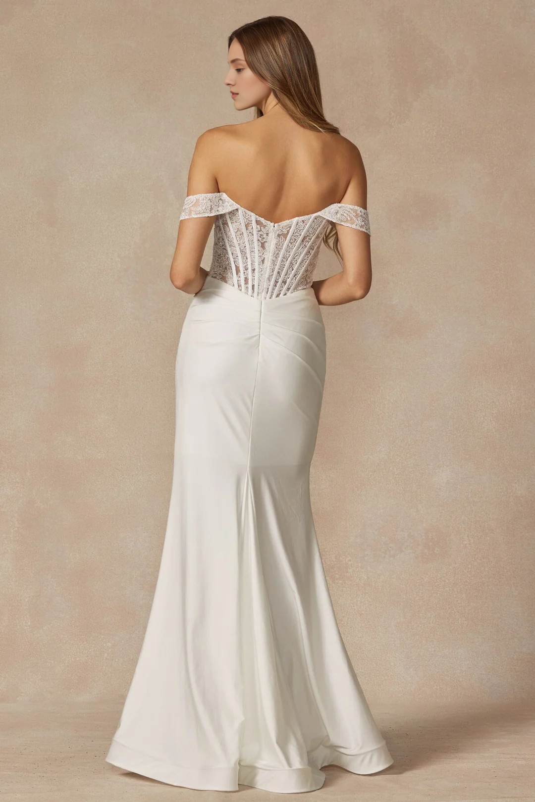 Embroidered long white off shoulder wedding dress