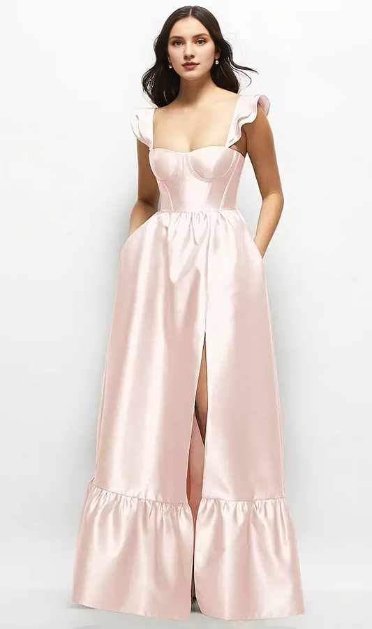 Ruffle shoulder strap satin tight corset long bridesmaid dress