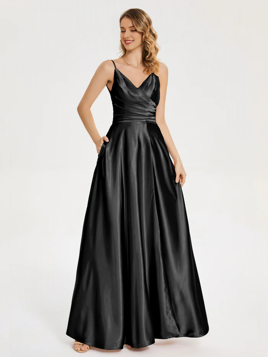 V-neck soft satin side slit bridesmaid dress