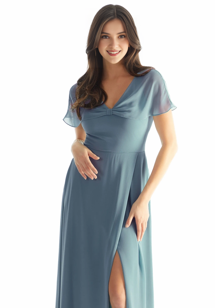 A-line off shoulder chiffon V-neck front skirt with slit and floor length dress