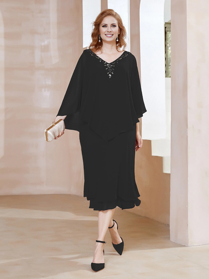 Chiffon V-neck ruffle sleeves mother of the bride dress