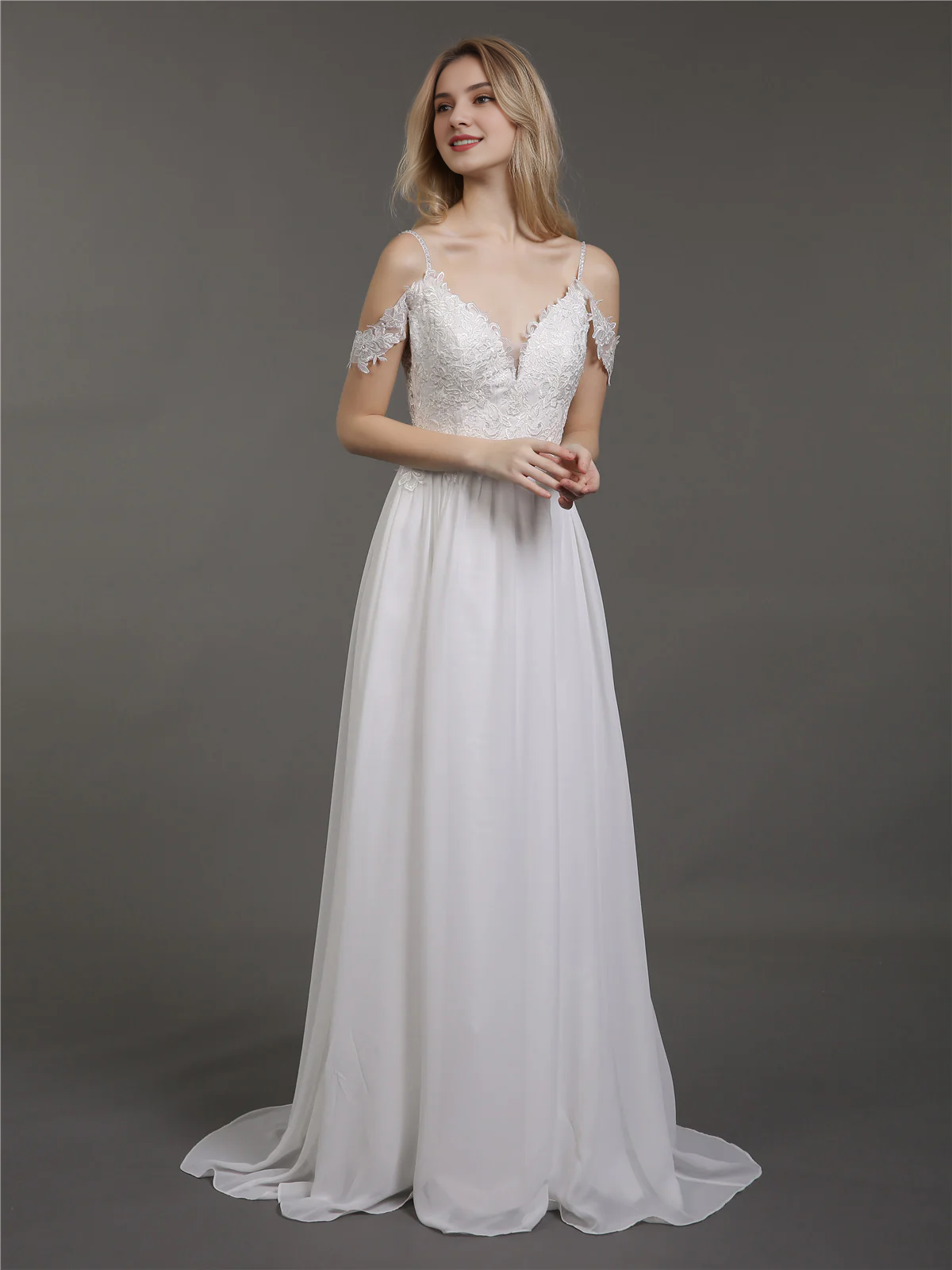 Thin shoulder chiffon minimalist wedding dress