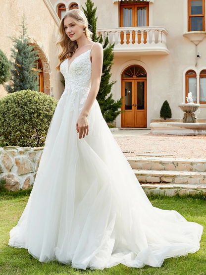 Lace chiffon pleated church trailing wedding dress