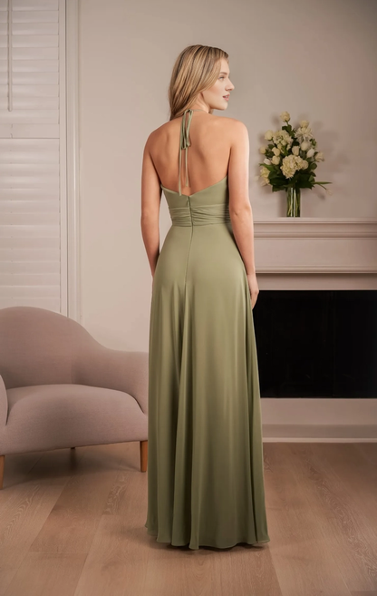 Polyester Chiffon A-line Folded Round Neck Back Strap Bridesmaid Dress