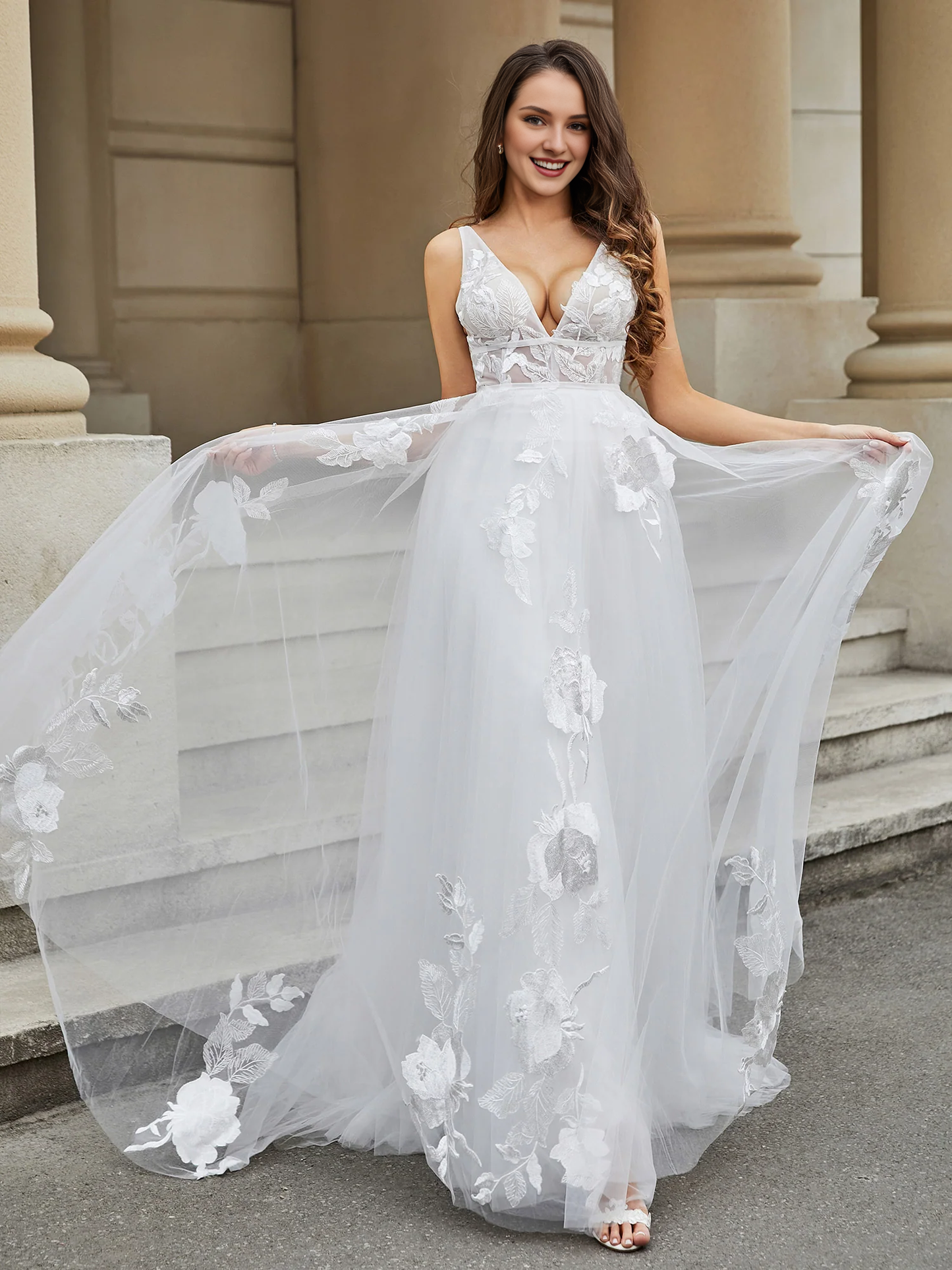 V-neck lace applique chiffon wedding dress