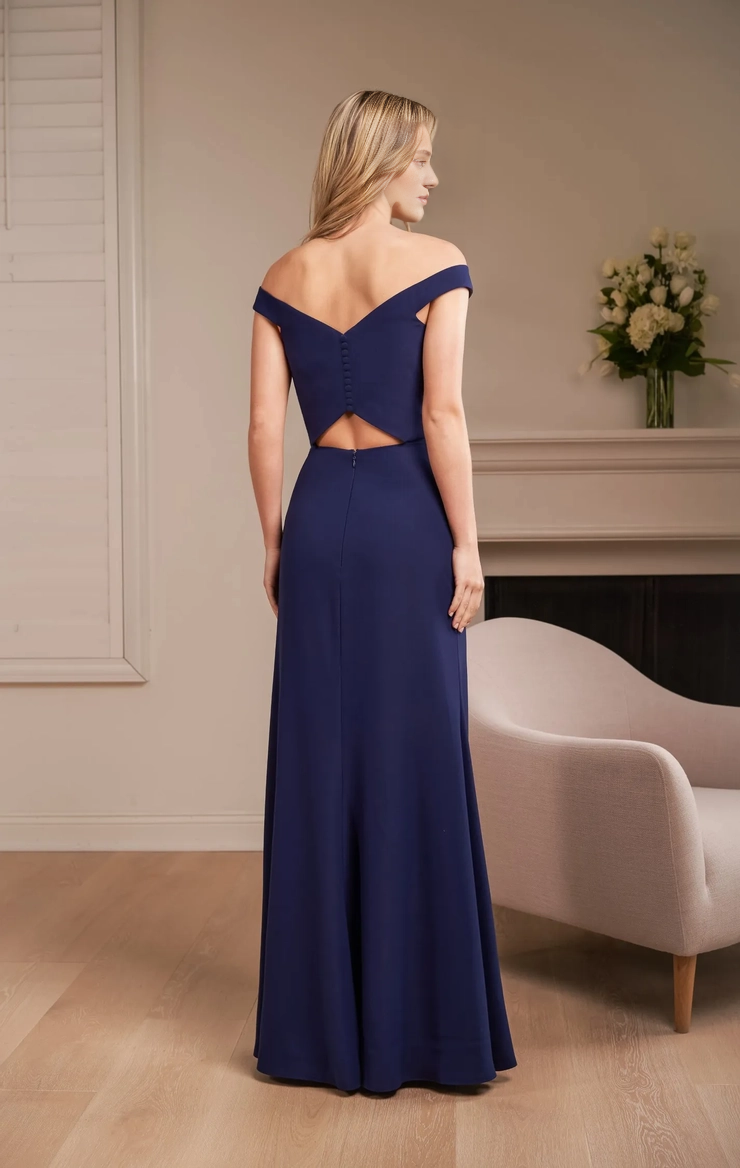 Soft crepe slim fit off shoulder collar back button bridesmaid dress