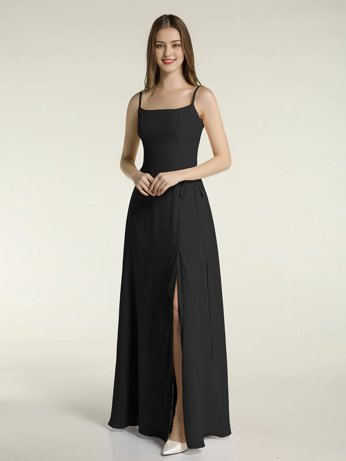 Simple slim shoulder strap slit chiffon dress