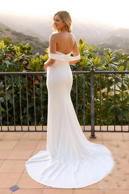 Pleated long white off shoulder wedding dress