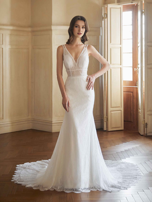 Sexy fish tail backless V-neck ultra long lace wedding dress