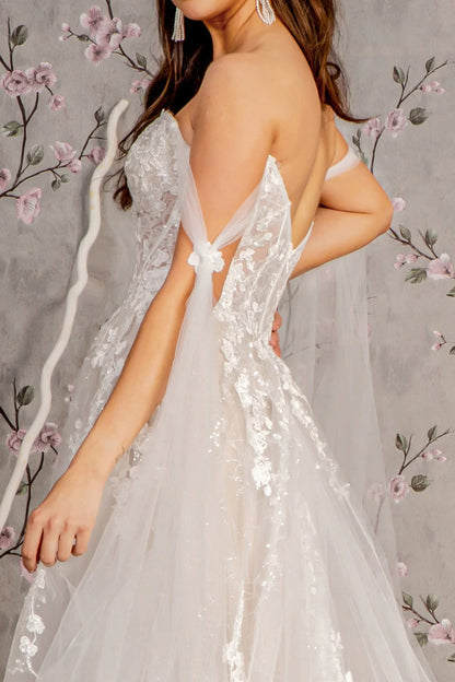 Floral embroidery long open shoulder transparent tight corset wedding dress