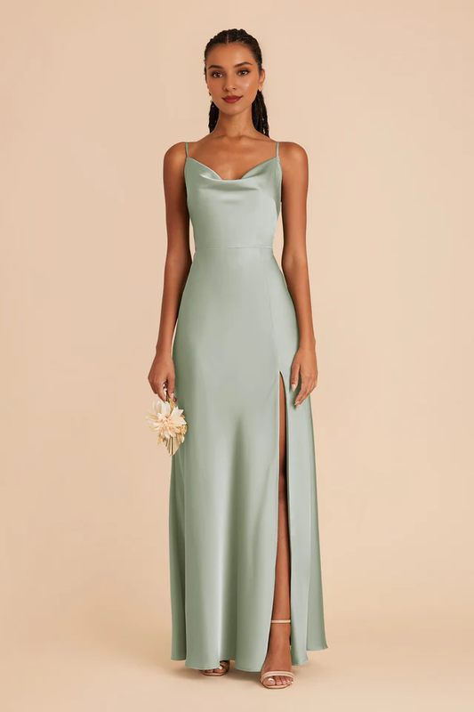 Fully lined pleated neckline with slit and floor length bridesmaid dress