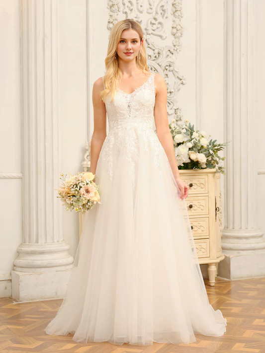 A-line princess V-neck decal sleeveless long wedding dress