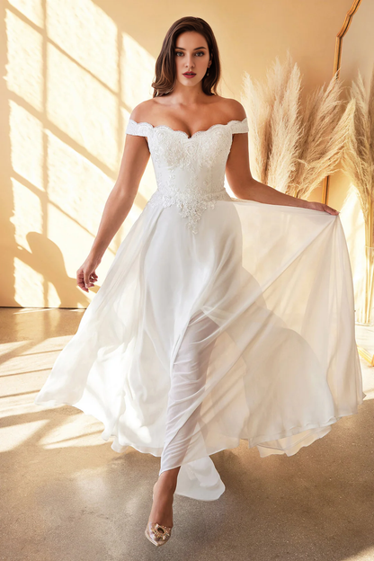 Long white off shoulder wedding dress