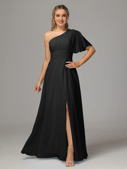 A shoulder slit chiffon bridesmaid dress