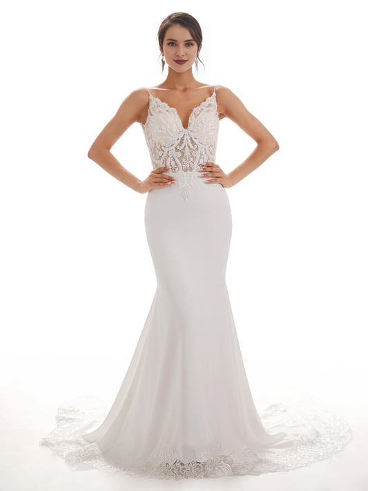 Thin shoulder strap fish tail ivory backless lace wedding dress