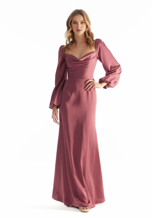 Long sleeved square collar with exposed back zipper and floor length dress