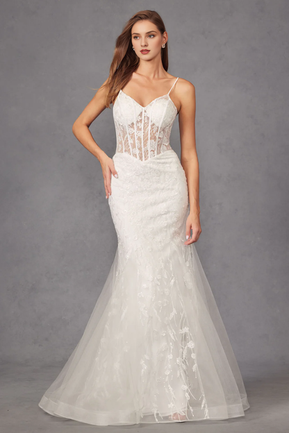 Embroidered lace applique long sleeveless tight corset wedding dress