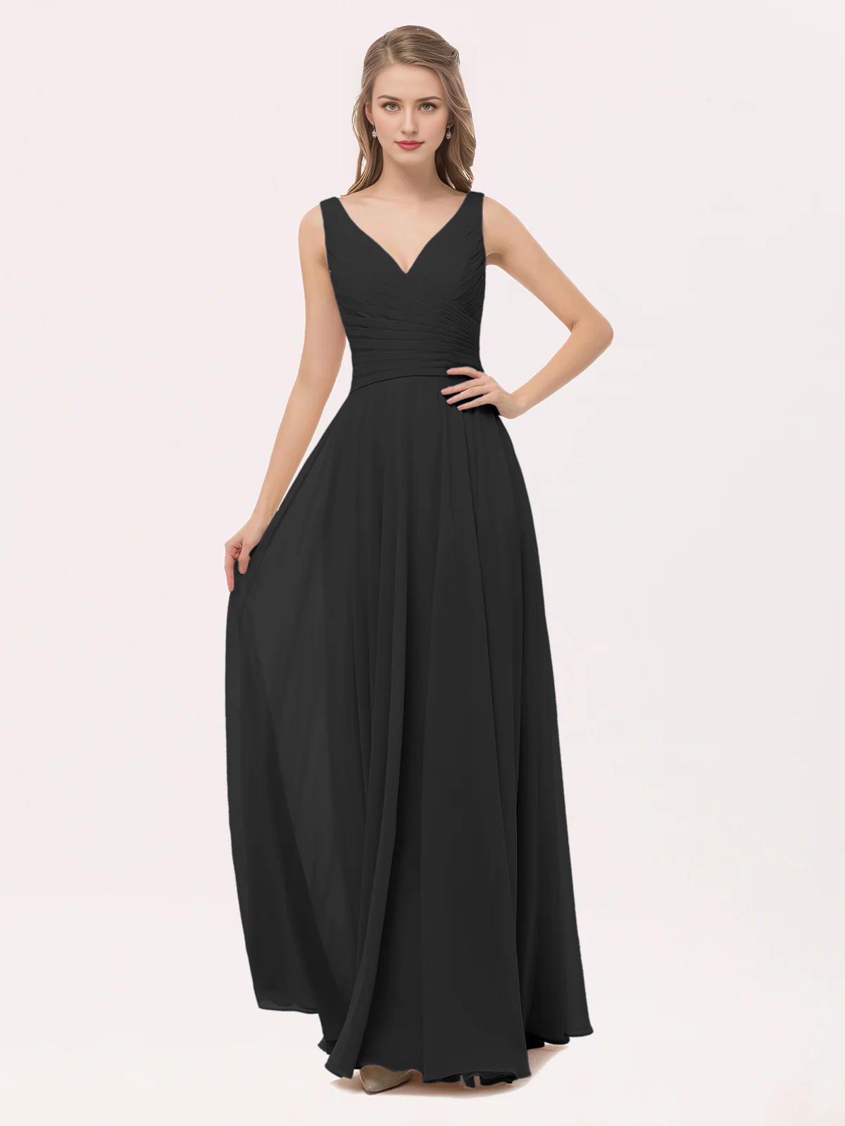 V-neck bow chiffon long bridesmaid dress