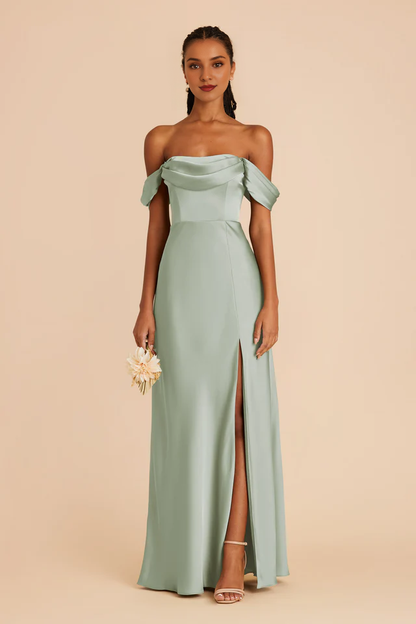 Folded collar off shoulder satin backless and floor length bridesmaid dress