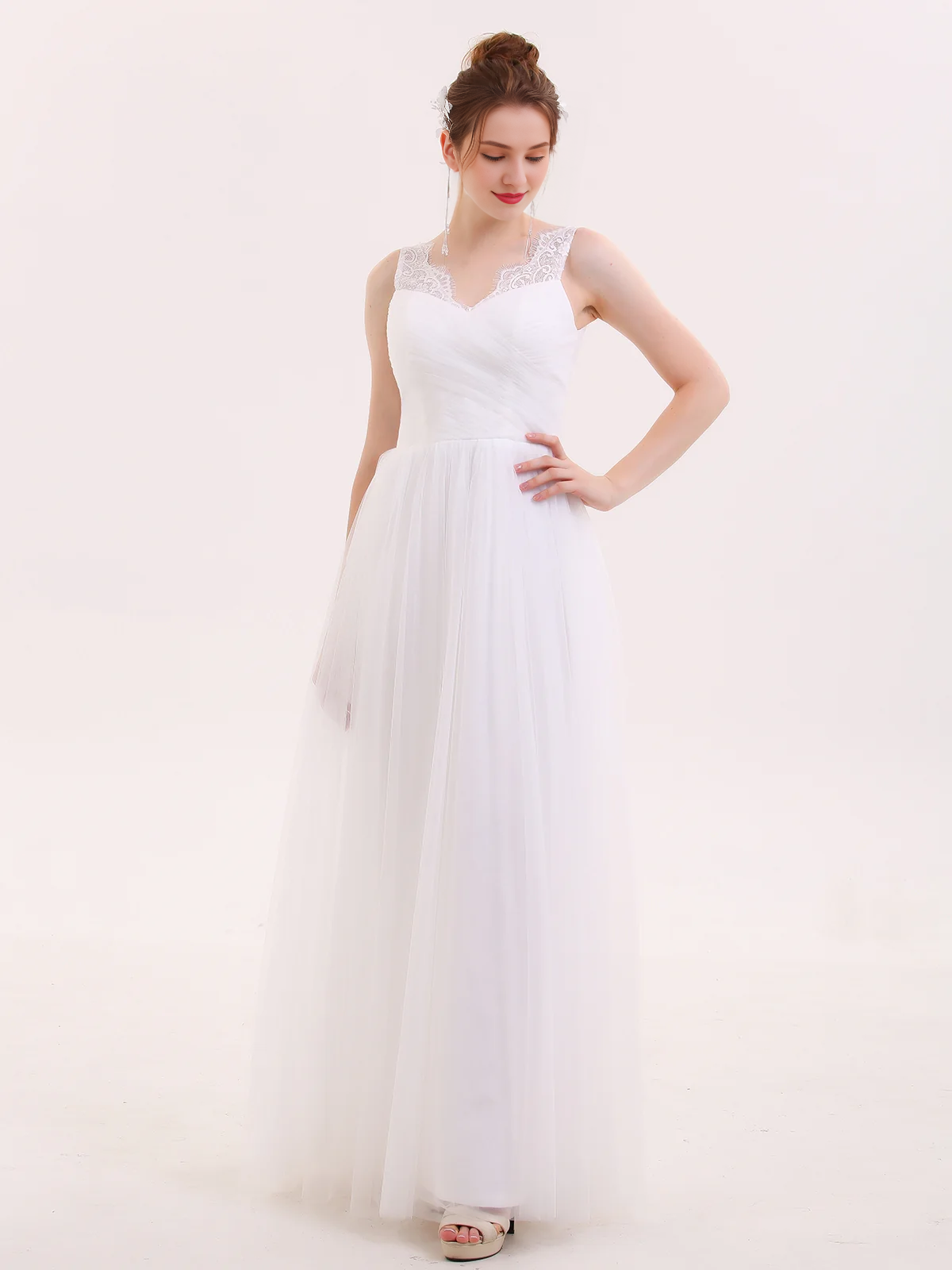 Lace shoulder strap chiffon long wedding dress