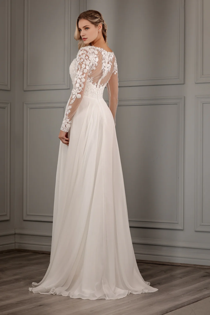 Embroidered applique long sleeved chiffon wedding dress