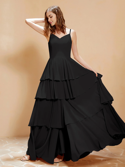 Bohemian style V-neck and floor length skirt with flowing ruffle edge bridesmaid dress