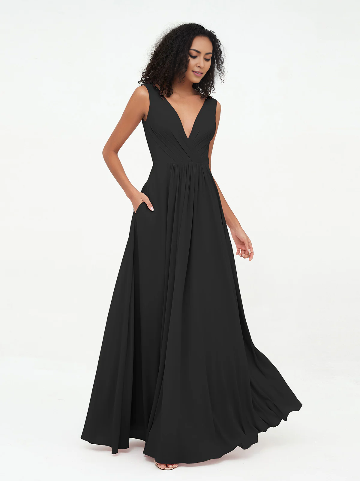 V-neck chiffon long pocket dress