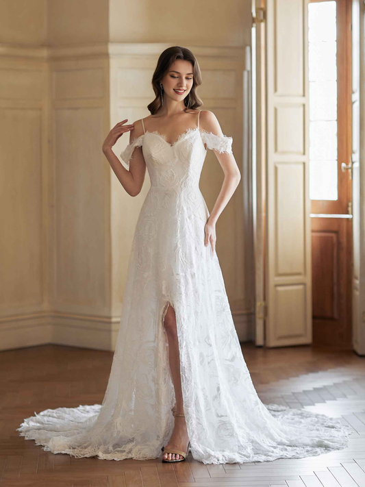 Sexy side slit off shoulder A-line backless V-neck extra long lace wedding dress