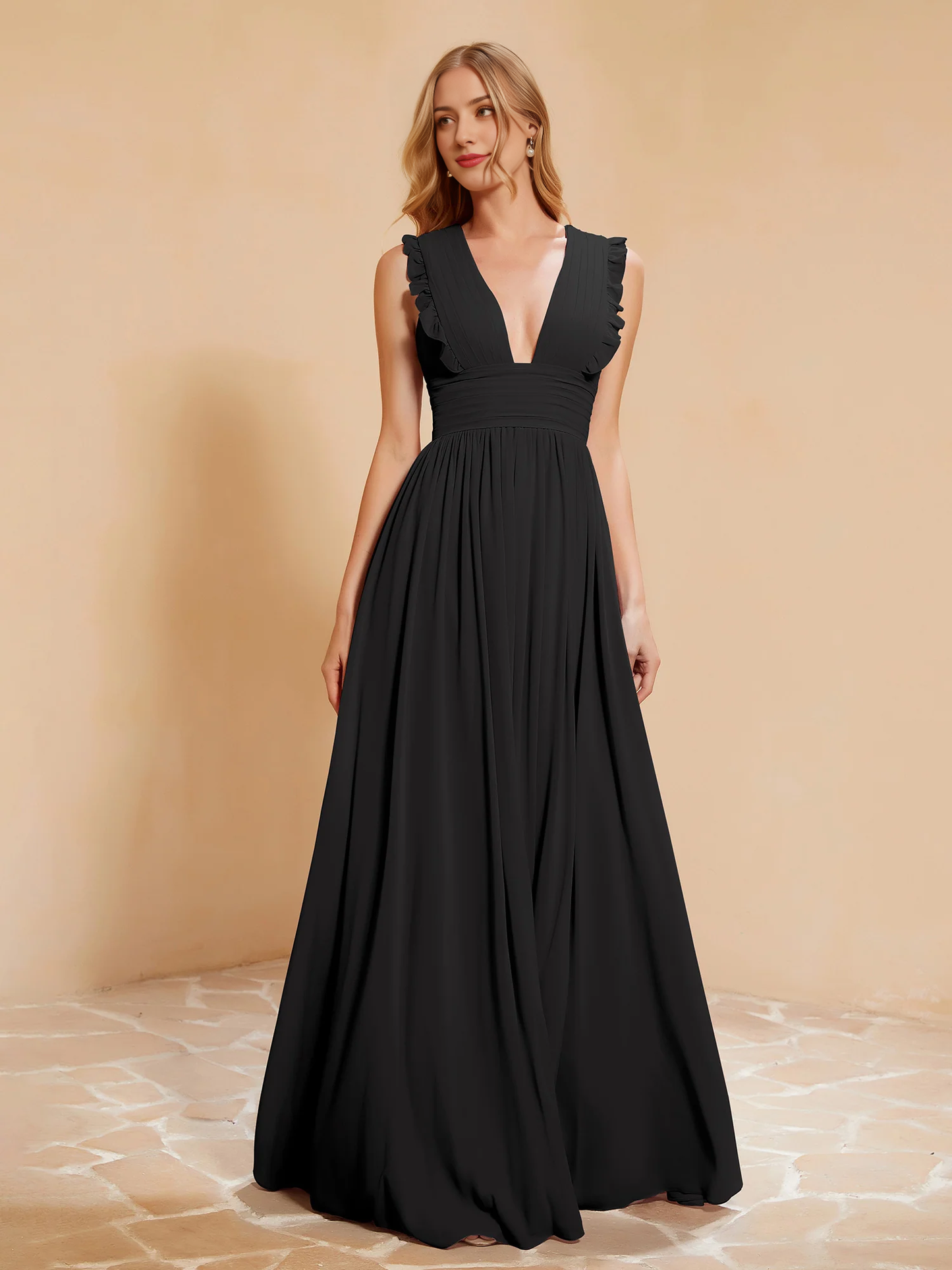 Deep V-neck ruffled pleated bridesmaid dress