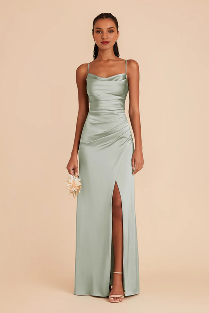 Thin shoulder strap pleated collar matte satin fish tail slit bridesmaid dress