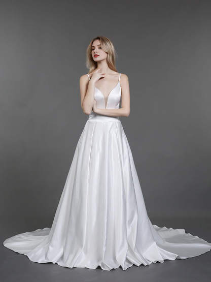 Thin shoulder strap simple satin wedding dress