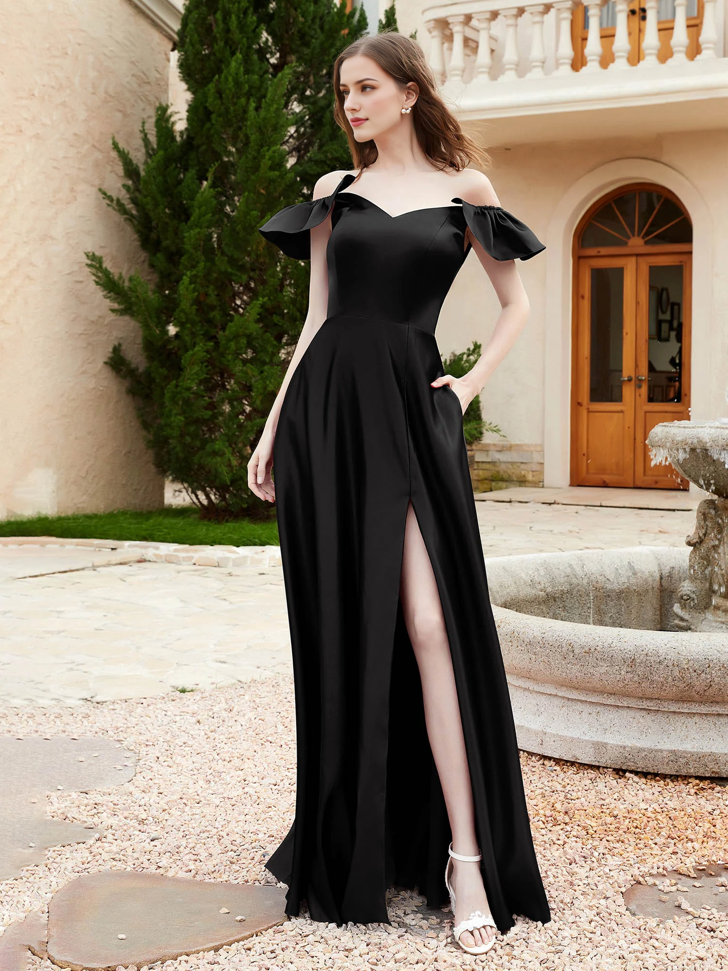 Pocket off shoulder satin bridesmaid dress