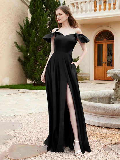 Pocket off shoulder satin bridesmaid dress