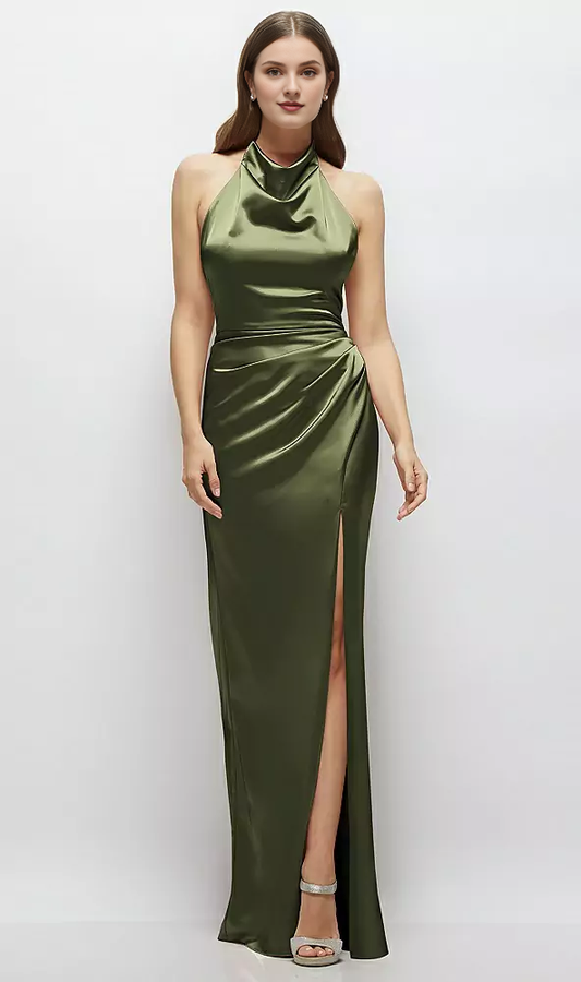 Cowl hanging neck backless satin and floor length bridesmaid dress